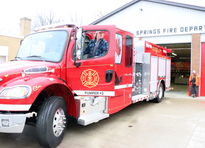Enniskillen/Oil Springs Fire Chief Al Charlton backed up the new pumper truck which arrived at the Oil Springs Hall Friday morning.