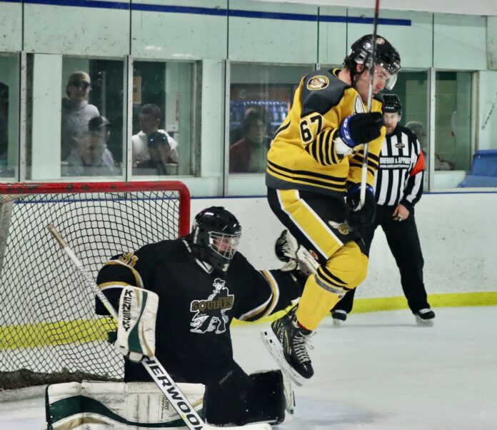 Corey Pawley leaps out of the way of a flying puck in front of Brandon Campbell during the third game of the WOSHL series between the Alvinston Killer Bees and the Petrolia Squires March 8.